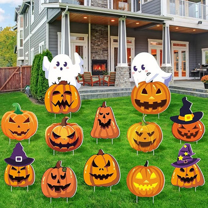 Amyhill 12 Pcs Halloween Pumpkin Yard Signs for Outdoor Halloween Ghost Jack O Pumpkin with Witch Hats Lawn Stakes Spooky Trick or Treat Yard Decorations for Garden Prop Home Party Decor