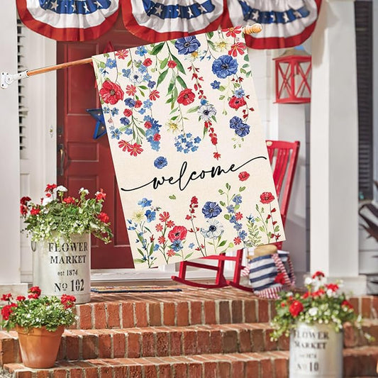 Baccessor 4th of July Patrioctic House Flag 28 x 40 Inch Double Sided God Bless America Memorial Day Floral Large House Flag Vertical Summer Seasonal Usa Yard Outdoor Outside Decoration