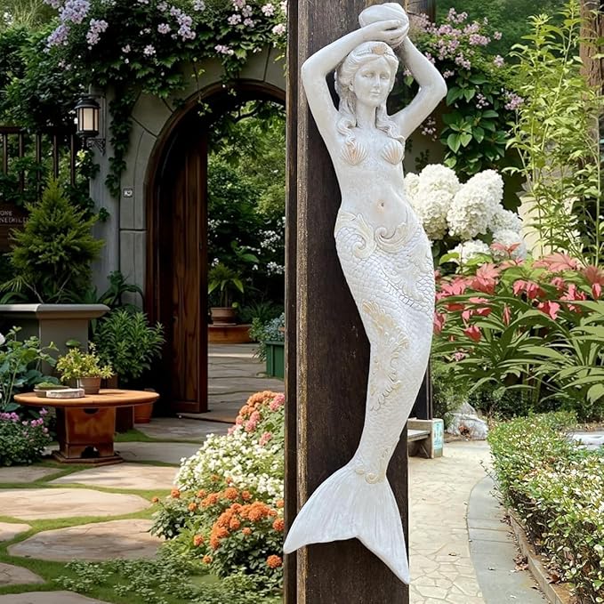 GRASOLAR 39 Inch Tall Mermaid Wall Mounted Sculpture, Wall Decoration, Outdoor Garden Statue, Mermaid Hook, Wall Art, Courtyard Backyard Decor