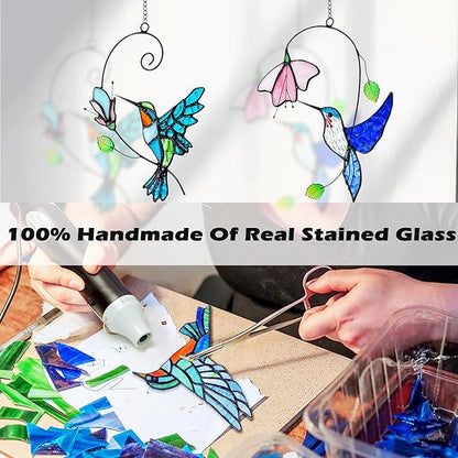 2 Packs Hummingbird Stained Glass Window,Stained Glass Window Hanging,Hummingbird Ornament,Handmade Real Suncatchers Decor for Women Mom Grandma Bird Lovers