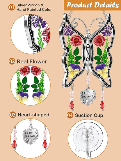 KY&BOSAM Gift for Aunt Suncatcher Butterfly I Love You Aunt Gift Stain Glass Suncather for Window Hanging Wind Chime with Pressed Flower Embedded Birthday Gifts for Women Mother`s Day Christmas