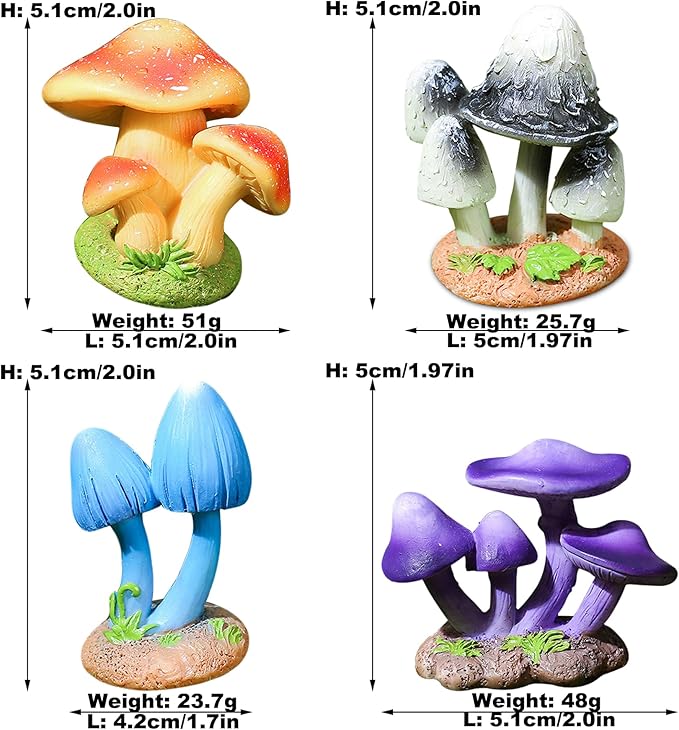DIYOMR 2.0" Resin Mushroom Series, 4PCS Mushrooms Figurines Craft Indoor Outdoor Decor for Home DIY/Windowsill/Tabletop/Garden/Micro Landscape Decor/Bonsai Ornaments (4 Pcs - B)