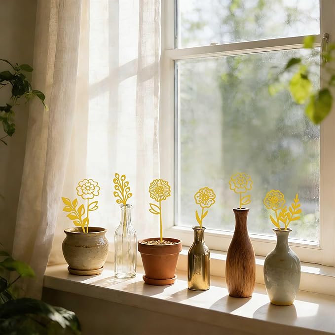 Gold Metal Flowers Set of 6, Decorative Garden Stakes for Outdoor, Yard Art, Flower Bed Decor, Garden Decorations for Pots and Flower Vases, Elegant Metal Flowers for Patio, Garden, and Home
