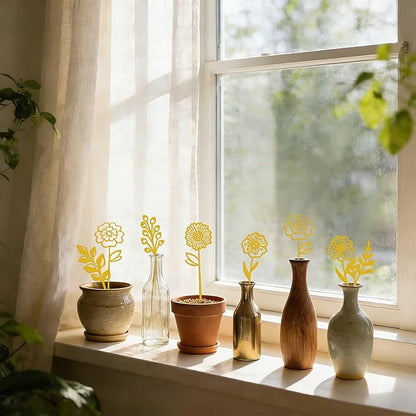 Gold Metal Flowers Set of 6, Decorative Garden Stakes for Outdoor, Yard Art, Flower Bed Decor, Garden Decorations for Pots and Flower Vases, Elegant Metal Flowers for Patio, Garden, and Home