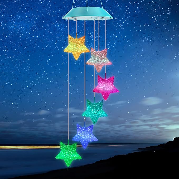 Solar Star Gift for Mom Grandma Girls, Color Changing Solar Wind Chimes for Outside, LED Outdoor Decorative Mobile Lights for Garden, Yard, Patio, Window, Party, Outdoor Decorations