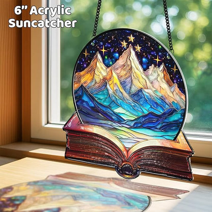 2 Book Floral Shelf Suncatchers 6" Window Hanging Acrylic Ornaments Back to School Teacher Appreciation Gift, Xmas Book Lover Gifts for Women Librarian Readers Bookshelf Decor Stocking Stuffer SS345