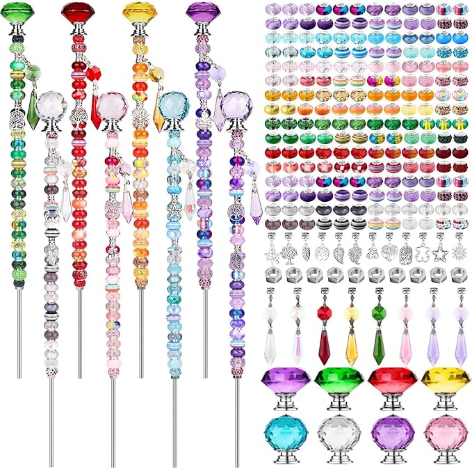 UFU 238Pcs DIY Fairy Wand Beaded Garden Stakes Kit, Decorative Garden Stakes with Colorful Crystal Pendants, Outdoor Fairy Garden Accessories, Beadable Items for Decor, Gifts & Craft (12 in)