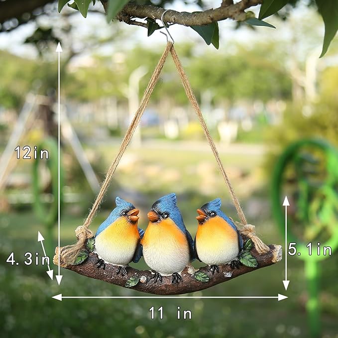 Decorative Hanging Bird Ornament, Three Blue Birds on Branch, Garden Outdoor Decor, Hanging Tropical Bird Patio, Lawn, Tree Porch Decor Large Size: 11 inches