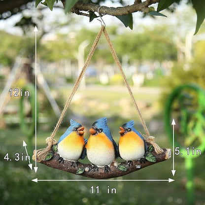 Decorative Hanging Bird Ornament, Three Blue Birds on Branch, Garden Outdoor Decor, Hanging Tropical Bird Patio, Lawn, Tree Porch Decor Large Size: 11 inches