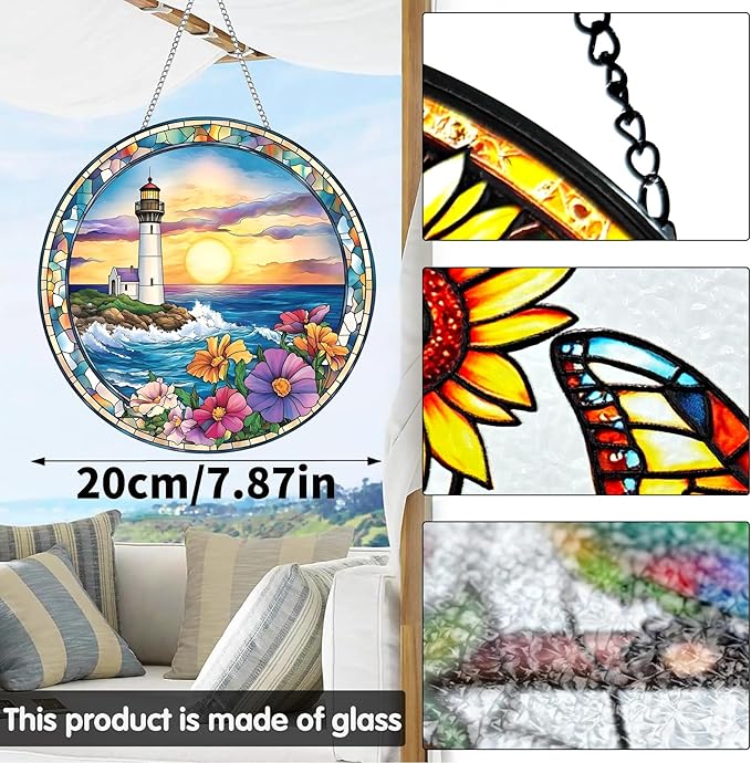 VAIIEYO Lighthouse Sun Catcher Stained Glass Window Hanging Ornament, Handmade Sun Catcher Flower Decoration with Hooks for Window Garden Home, Mother's Day & Birthday Housewarming Gift (7.8 inch)