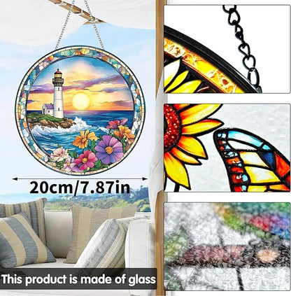 VAIIEYO Lighthouse Sun Catcher Stained Glass Window Hanging Ornament, Handmade Sun Catcher Flower Decoration with Hooks for Window Garden Home, Mother's Day & Birthday Housewarming Gift (7.8 inch)