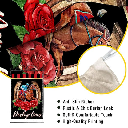 Artofy Derby Time Horse Racing Large Decorative House Flag, Kentucky Jockey Rose Flower Black Red Yard Garden Outside Decor, Horseshoe Burlap Outdoor Home Decoration Double Sided 28 x 40
