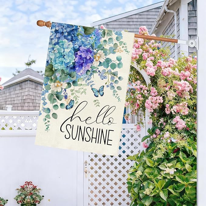 Baccessor Spring House Flag 28 X 40 Inch, Blue Purple Hydrangea Double Sided Burlap Welcome Large Yard Flag Seasonal Holiday Lawn Proch Outdoor Outside Decor