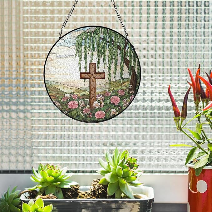 Stained Glass Cross Pink Roses Suncatcher Window Hanging, Easter Faith Christian Gifts Religious Home Decor, Weeping Willow Tree Wildflowers Stained Glass Decor for Friend, 7.9x7.9in
