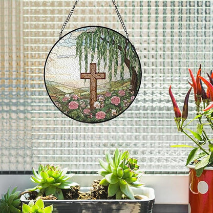 Stained Glass Cross Pink Roses Suncatcher Window Hanging, Easter Faith Christian Gifts Religious Home Decor, Weeping Willow Tree Wildflowers Stained Glass Decor for Friend, 7.9x7.9in