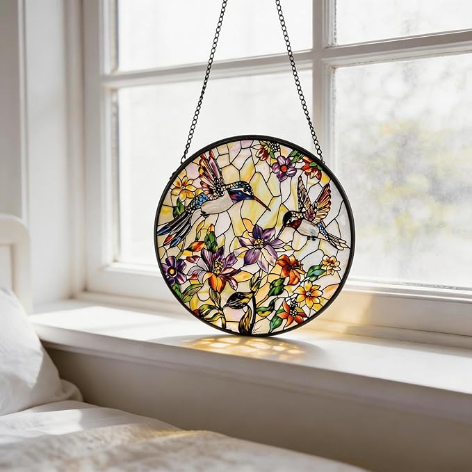Stained Glass Sun Catcher,HummingbirdsStained Glass Window Hanging Garden Decor,Sun Catchers Indoor Window,Whimsical Decoration for Home Backyard Patio Lawn Porch with 9.8 INCH