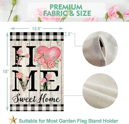 ORTIGIA Happy Mothers Day Garden Flag 12.5 x 18 Inch Double Sided Home Sweet Home Carnation Floral Flower Wedding Anniversary Yard Flag Summer Holiday Outdoor Outside Decoration