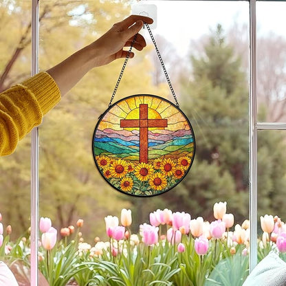 Christian Sunflower Suncatcher Stained Glass Cross Window Hanging Wall Decor, Christmas Religious Gifts for Women, Religious Wildflower Garden Lawn Sun Catchers for Window Hanging,7.9x7.9In