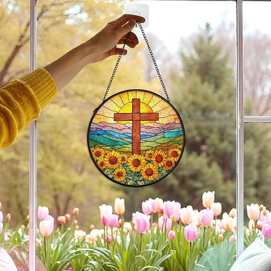 Christian Sunflower Suncatcher Stained Glass Cross Window Hanging Wall Decor, Christmas Religious Gifts for Women, Religious Wildflower Garden Lawn Sun Catchers for Window Hanging,7.9x7.9In