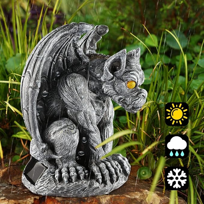 Large Winged Gargoyle Statue with Solar Lights Outdoor Decor, Sitting Gargoyle Monster Dragon Garden Guardian Gothic Creep Scary Sculpture, Patio Yard Lawn Decorations, Valentine's Day Gift