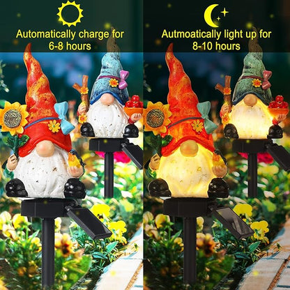 Rossesay 2 Pack Garden Decor Gnome Statues with Solar Lights Gnomes Lights Gifts for Mom Grandma Gnome Figurine for Outdoor Garden Pathway Lawn Patio Yard Decoration