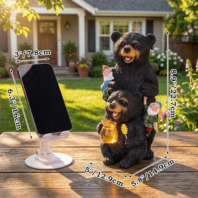 PETAFLOP Solar Garden Statues Bear Decor, Bear Statue with Glowing Honey Jar and Gnomes for Patio Balcony Lawn Yard Decorations, Outdoor Birthday Housewarming Gifts for Women, Mom