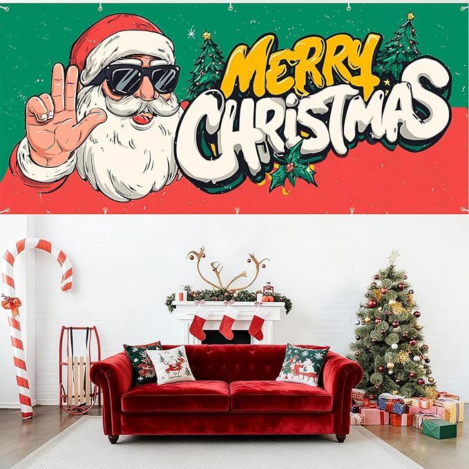 7 x 16 ft Christmas Garage Door Decorations Merry Christmas decorations Xmas Garage Door Cover, Happy New Year Hanging Banner for Home,Outdoor,Indoor,Party