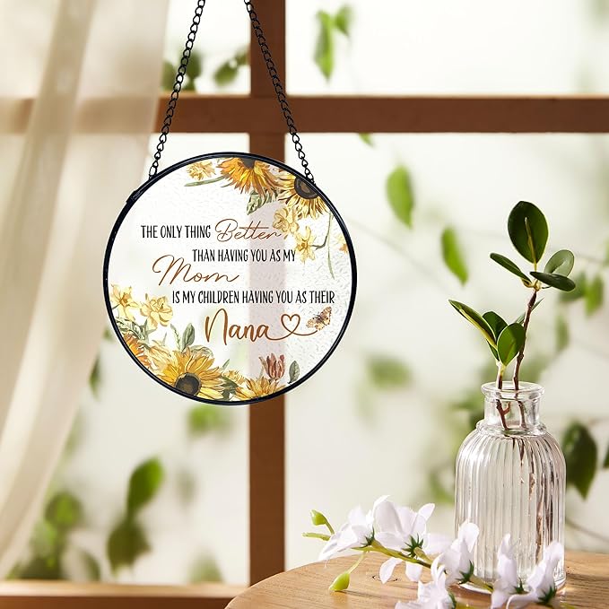Nana Gifts Suncatchers Stained Glass Window Hanging, Mom Nana Gifts for Mother's Day, Sunflower Sun Catchers Indoor Window, Gift for Mother Grandma, 7.9x7.9in
