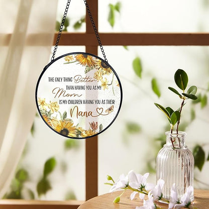Nana Gifts Suncatchers Stained Glass Window Hanging, Mom Nana Gifts for Mother's Day, Sunflower Sun Catchers Indoor Window, Gift for Mother Grandma, 7.9x7.9in