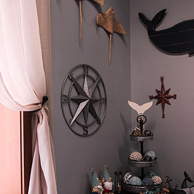 Nautical Compass Rose Wall Hanging Sculpture - Galvanized Grey Finish Metal Indoor Outdoor Ocean Decor - 20.5 Inch Diameter Elegant Maritime Home Accent Piece