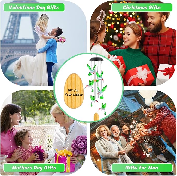 Womens Gifts for Christmas Birthday Gifts for Women Mom Grandma Gift Hummingbird Wind Chimes Solar Lights for Outside Outdoor Yard Home House Patio Garden Decor Gift for Mom Sister Men Wife