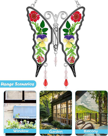 KY&BOSAM Butterfly Suncatcher Staiend Glass for Windows Hangings Wind Chimes Ornament with Pressed Dried Flowers Between Wings and No Charm Gift for Mom Mothers Day Valentine's Birthday Thanksgiving