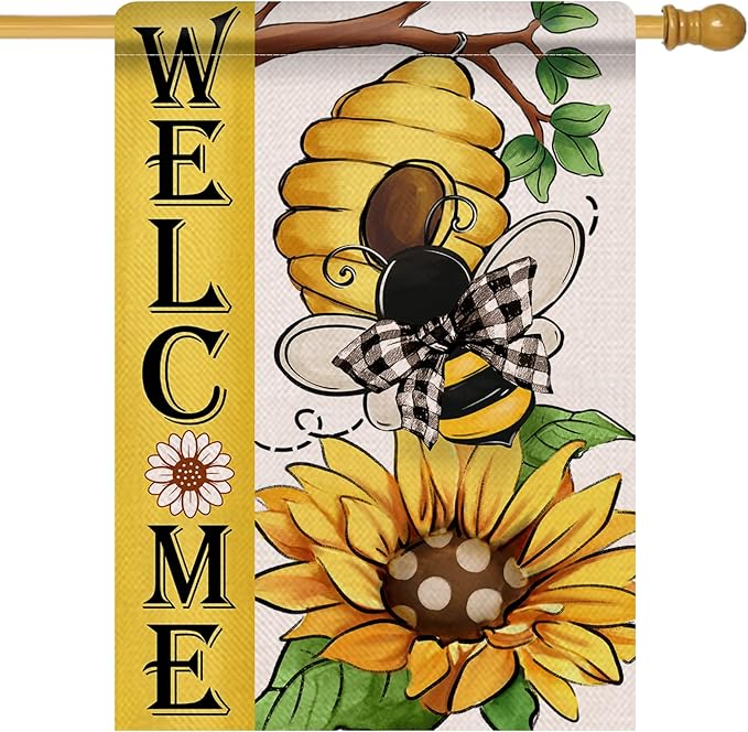 Welcome Spring Summer Bumble Bee Sunflower Decorative House Flag, Honeycomb Flower Garden Yard Outside Decorations, Buffalo Plaid Bow Farmhouse Outdoor Large Home Decor Double Sided 28 x 40