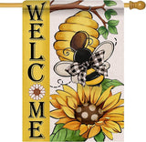Welcome Spring Summer Bumble Bee Sunflower Decorative House Flag, Honeycomb Flower Garden Yard Outside Decorations, Buffalo Plaid Bow Farmhouse Outdoor Large Home Decor Double Sided 28 x 40