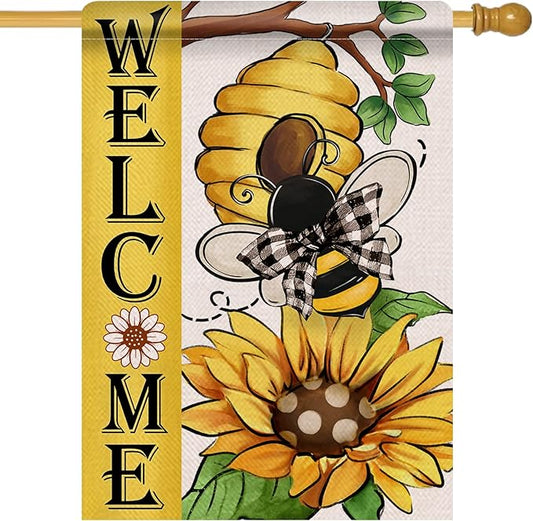 Welcome Spring Summer Bumble Bee Sunflower Decorative House Flag, Honeycomb Flower Garden Yard Outside Decorations, Buffalo Plaid Bow Farmhouse Outdoor Large Home Decor Double Sided 28 x 40