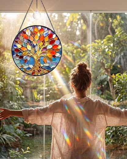 Stained Glass Window Hanging Tree of Life Sun Catcher, 7.8 Inch Suncatchers for Windows Hanging, Tree of Life Window Art Home Decor Gift for Women