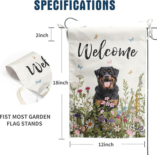 Spring Summer Garden Flag Floral Rottweiler Yard Flag Flower Dog Garden Flags for Outside Small Outdoor Welcome Flags 12x18 Double Sided