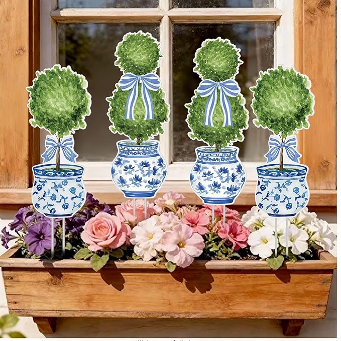 Lounsweer 4 Pcs Easter Chinoiserie Garden Stakes Decorations Hello Spring Blue and White Yard Signs Front Door Porch Decor for Farmhouse for Courtyard Patio Spring Lawn Holiday Outdoor Display