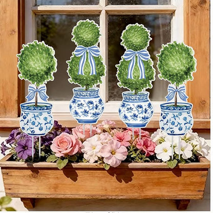 Lounsweer 4 Pcs Easter Chinoiserie Garden Stakes Decorations Hello Spring Blue and White Yard Signs Front Door Porch Decor for Farmhouse for Courtyard Patio Spring Lawn Holiday Outdoor Display