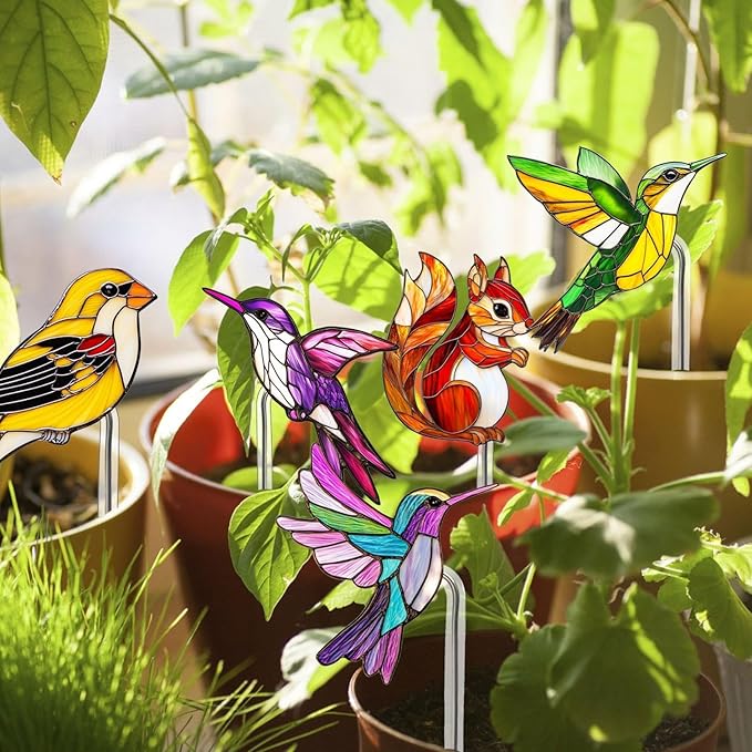 Bird Butterfly Flower Plant Pot Stake Decoration, 4.7 Inch 2D Colorful Acrylic Bird Butterfly Garden Ground Insert Decor, Outdoor Yard Lawn Pathway Patio Art Ornaments, Gifts for Mom (E)