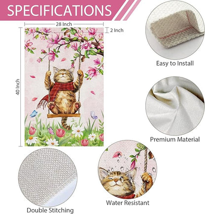 Heyfibro Spring Cute Cat Welcome Garden Flag 28x40 Inch Double Sided Burlap, Summer Magnolia Butterfly Flower Floral Yard Banner for Seasonal Holiday Farmhouse Outdoor Decor(ONLY FLAG)