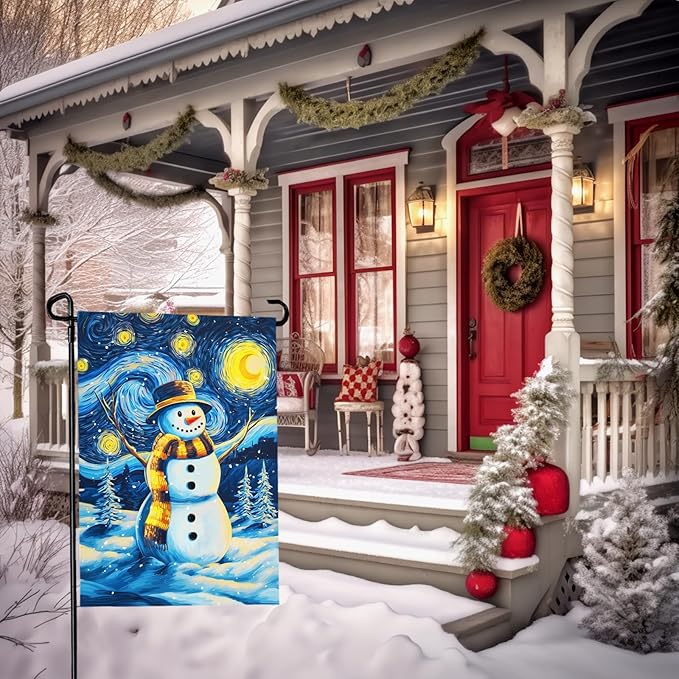 Winter Garden Flag Santa Snowman Yard Flags Van Gogh Yard Flags Art Starry Night Sky Moon Wall Banner Xmas Blue Pine Snowfield House Banners for Happy Holiday Farmhouse Outdoor 12 x 18 Inch