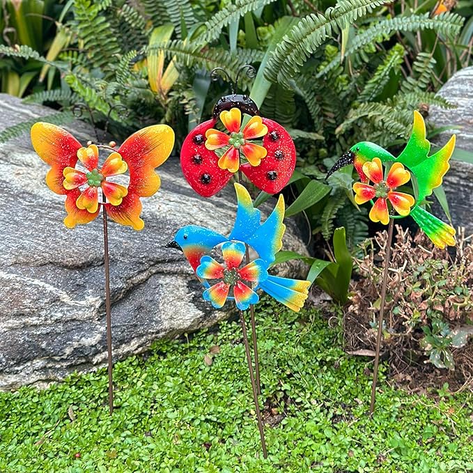 HUTHDAK 4 Pack Metal Animal Decorative Garden Stakes,Colorful Spring Outdoor Pinwheels,Cute Ladybugs Butterfly&Hummingbird Wind Spinners for Yard Art Outdoor Lawn Porch Pathway Decorations