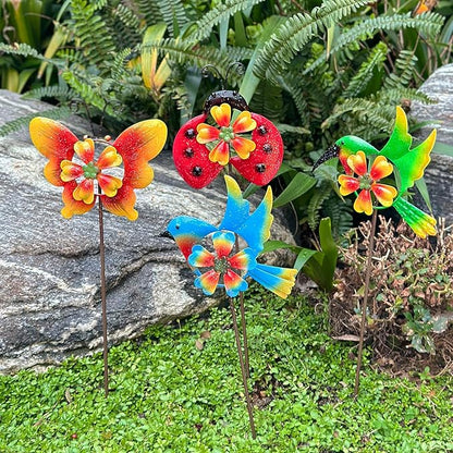 HUTHDAK 4 Pack Metal Animal Decorative Garden Stakes,Colorful Spring Outdoor Pinwheels,Cute Ladybugs Butterfly&Hummingbird Wind Spinners for Yard Art Outdoor Lawn Porch Pathway Decorations