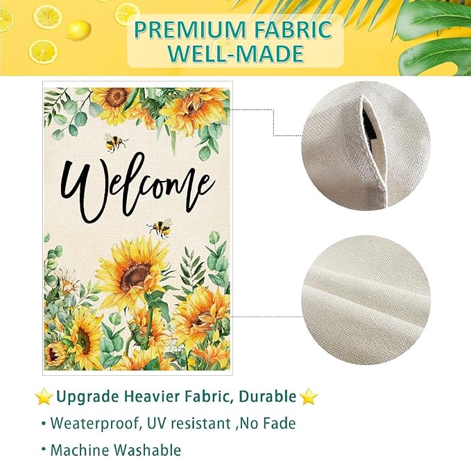 Baccessor Spring Garden Flag Sunflower Bee Eucalyptus Leaves Welcome Flag 12.5 x 18 Inch Double Sided Burlap Yard Small Spring Summer Flag for Outside Decor