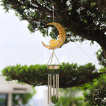 Moon Solar Wind Chimes for Outside Lights Gifts for Mom Wife Unique Crackle Glass LED Warm Light Outdoor Hanging Decor Windchimes for Garden Yard Patio Christmas Birthday Mothers Day