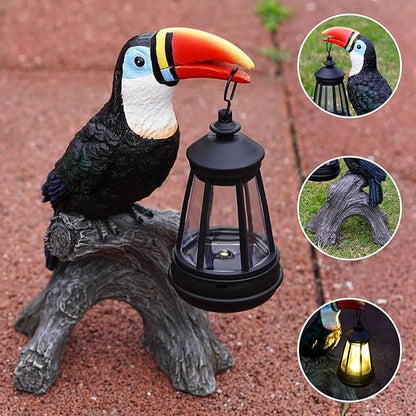 Spring Toucan Garden Statues Decor, Solar Waterproof 9.5" Colorful Tropical Bird Sculpture with LED Lights Funny Garden Outdoor Exotic Bird Sculpture Decoration for Lawn Porch Yard Patio Tiki Bar