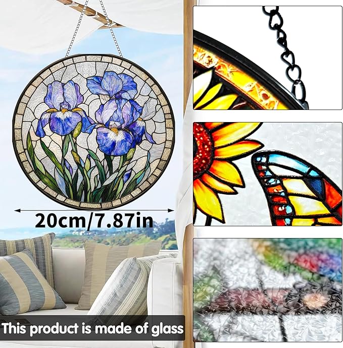 VAIIEYO Purple Flowers Sun Catcher Stained Glass Window Hanging Ornament, Handmade Sun Catcher Flower Decoration with Hooks for Window Garden Home, Housewarming Gift 7.8 inch