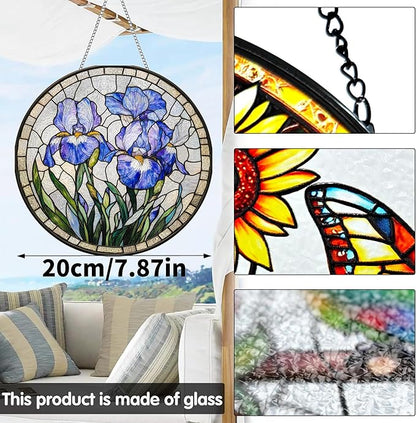 VAIIEYO Purple Flowers Sun Catcher Stained Glass Window Hanging Ornament, Handmade Sun Catcher Flower Decoration with Hooks for Window Garden Home, Housewarming Gift 7.8 inch