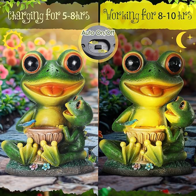 Roowest Solar Garden Statue Frog with Bird Bath, Mother & Child Frog Outdoor Decor with LED Light, Waterproof Resin Yard Ornament, Cute Frogs Gift for Mom Grandma Women, Patio Lawn Balcony Decoration